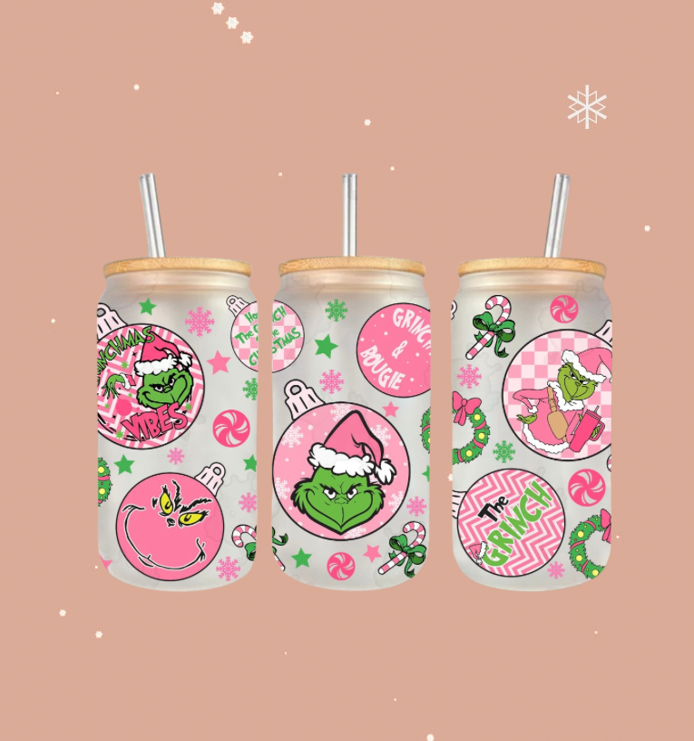 Grinchy & Bougie 16oz Frosted Glass Cup