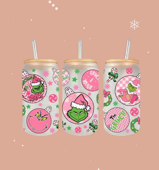 Grinchy & Bougie 16oz Frosted Glass Cup