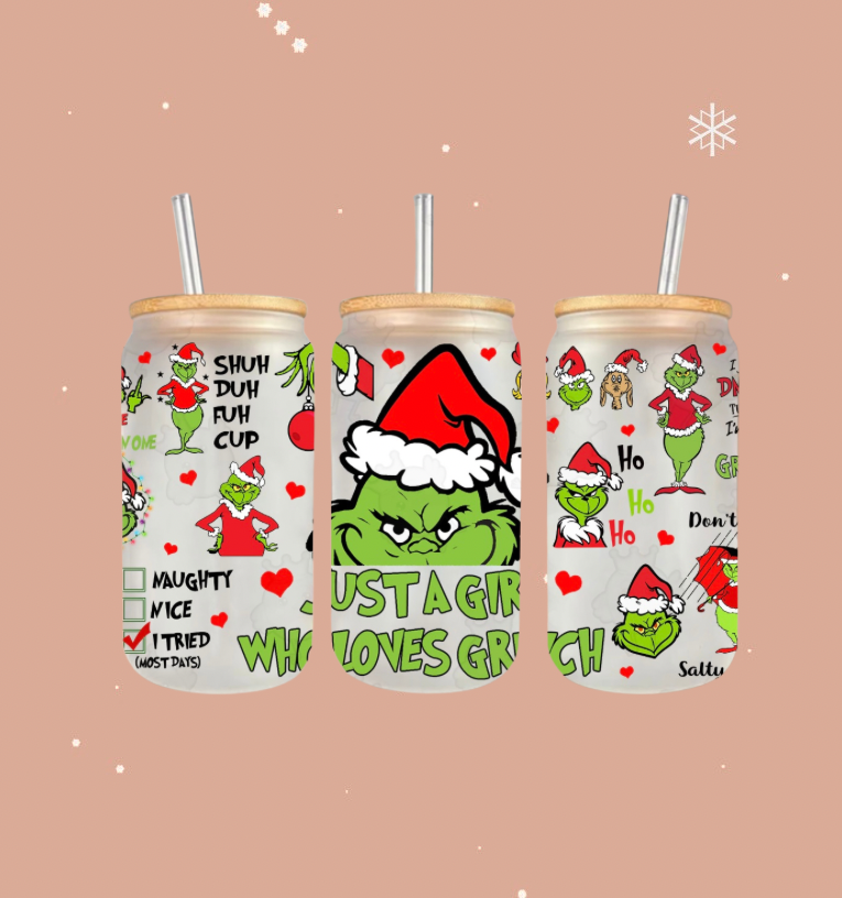 Just a girl who loves grinch Christmas 16oz Frosted Glass Cup