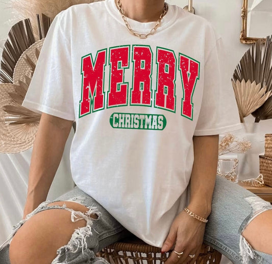 Merry Christmas green and red print t-shirt.