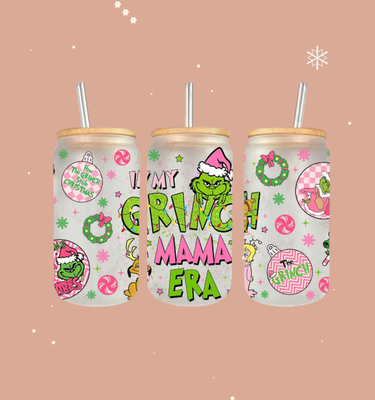 In My Grinch Mama Era Christmas 16oz Frosted Glass Cup